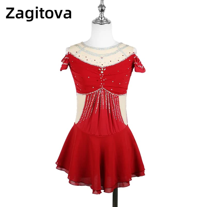 Zagitova Abito da pattinaggio di figura Gonna da pattinaggio su ghiaccio con strass lucidi Gonna da donna in rete Costume da principessa senza maniche