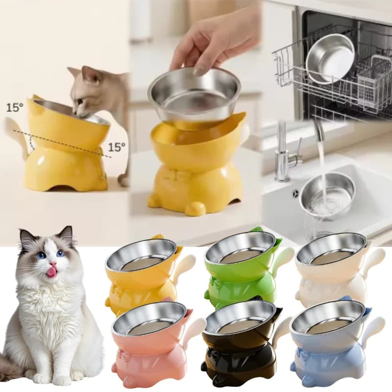 Elevated Stainless Steel Cat Bowl Raised Tilted Food Water Feeder for Cats Anti Vomiting Neck Protection Design Pet Bowls
