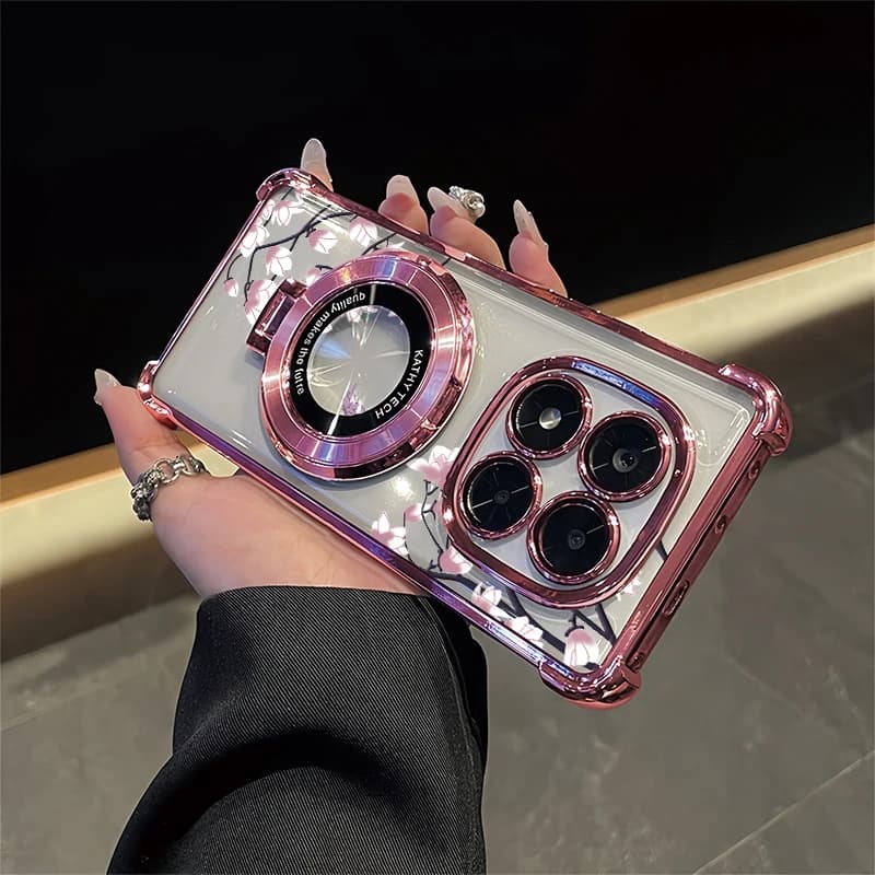 Holder Stand Plating Phone Case For OPPO Reamle 15 13 Pro Plus 16 Pro 15T 14 15 Fashion Flower Print Shockproof Clear Cover