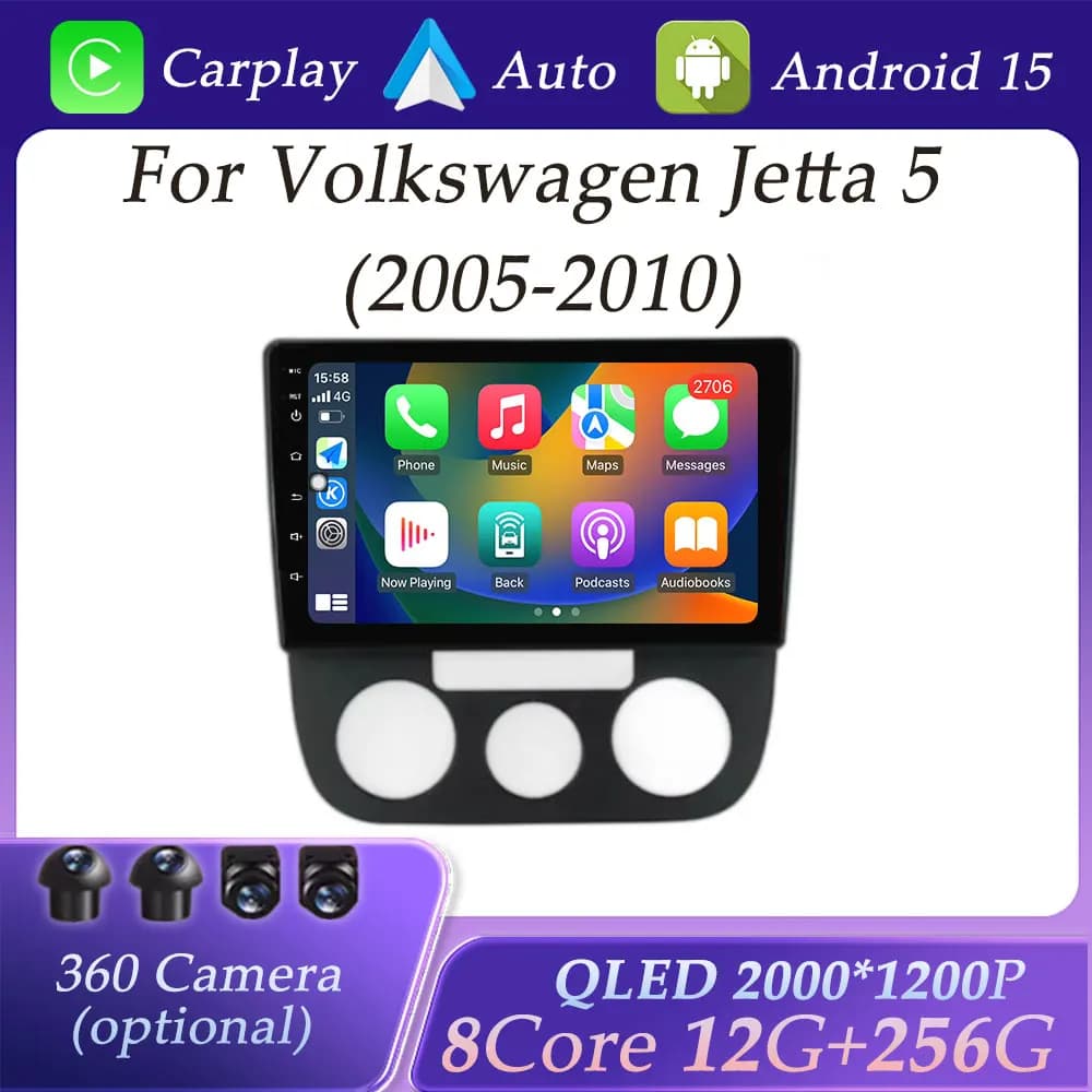 Schermo QLED per Volkswagen Jetta 5 2005-2010 CarPlay Autoradio Video Audio Lettore multimediale Navigazione GPS BT Schermo diviso BT