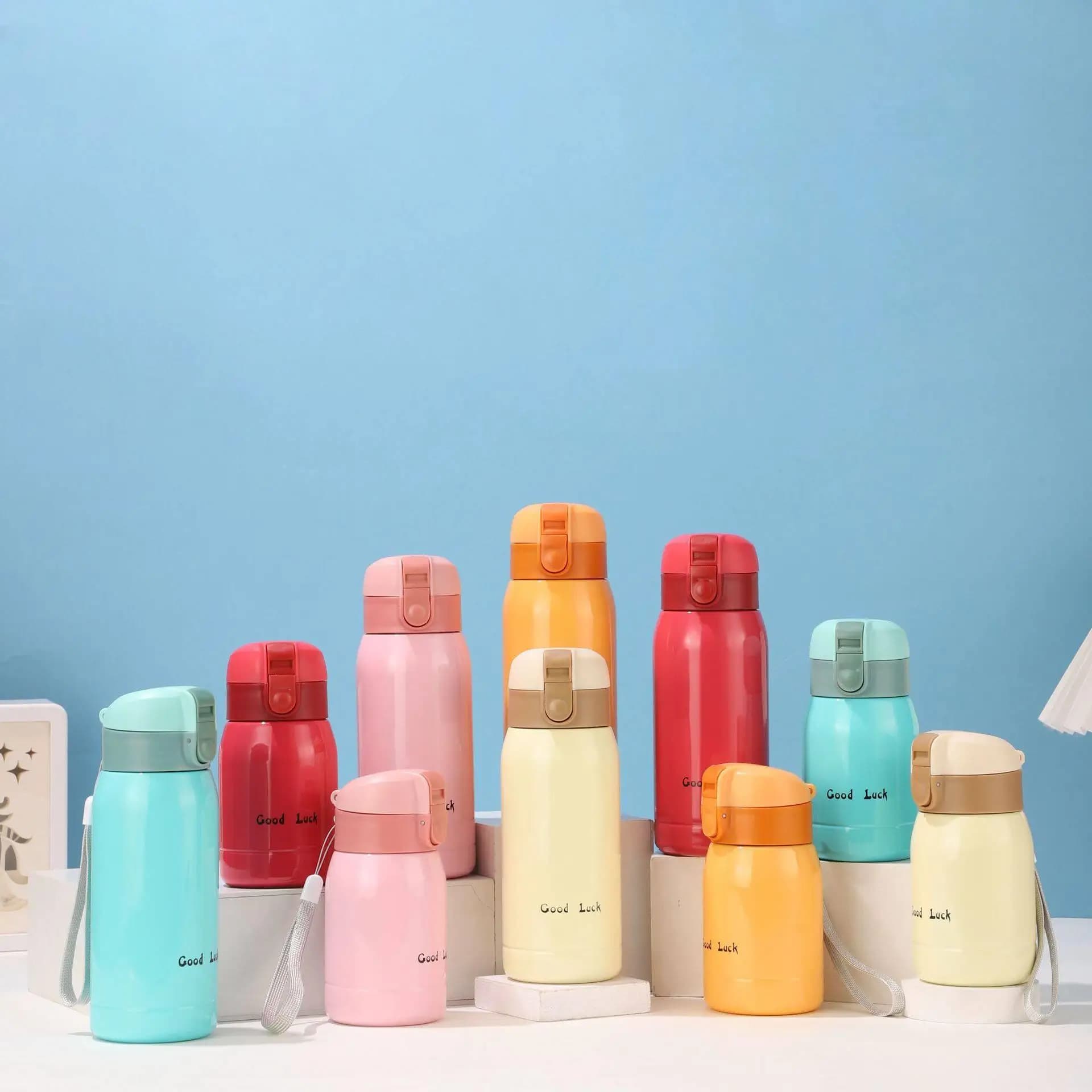 Goodluck Cartoon Stainless Steel Insulated Water Bottle Portable Pull Rope Jumping Handy Pocket Cup Military Green