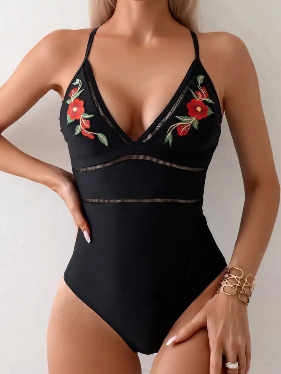 Costume da bagno intero ricamato floreale per donna, abbigliamento estivo da spiaggia