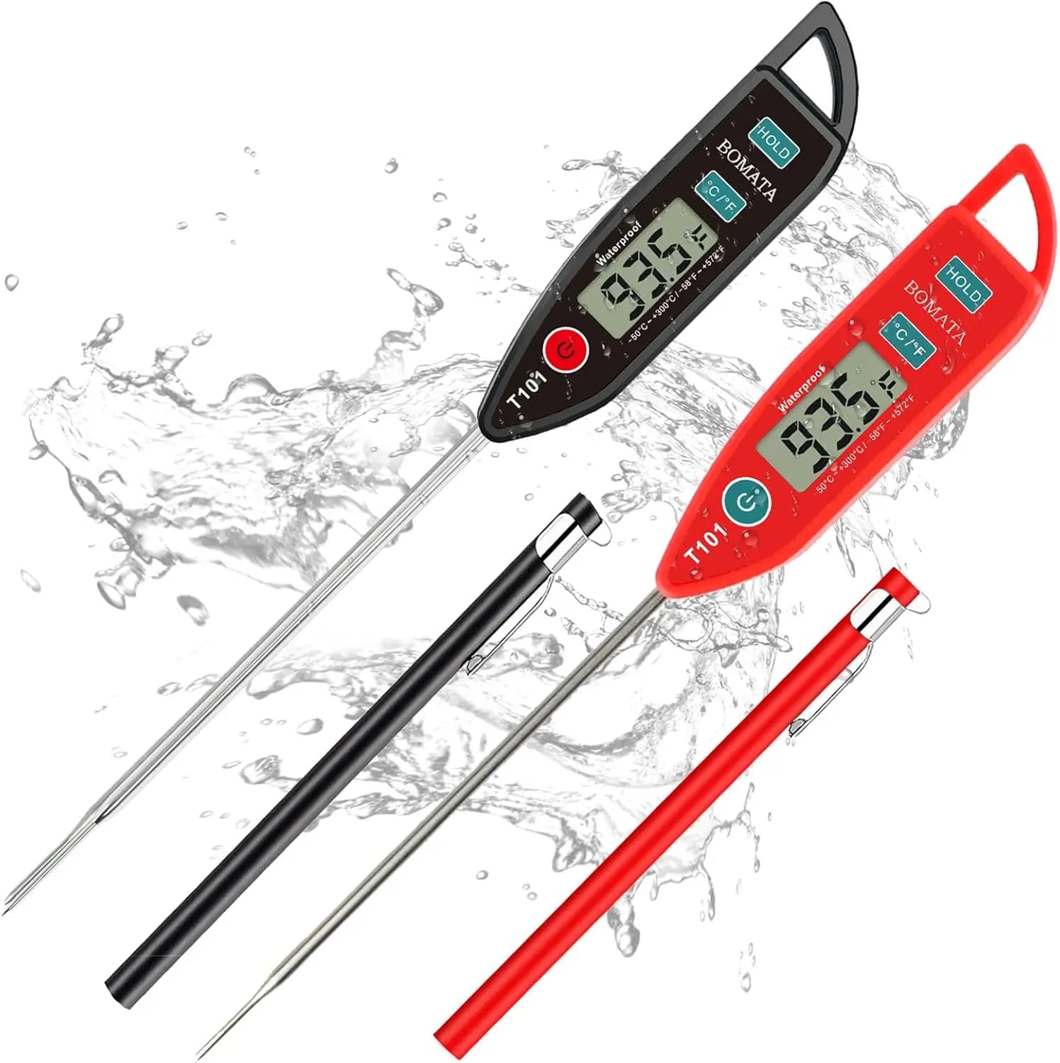 Set di 2 Termometri per Carne Impermeabili IPX7 con Sonda Lunga per Cucina, Griglia, BBQ (Nero e Rosso)