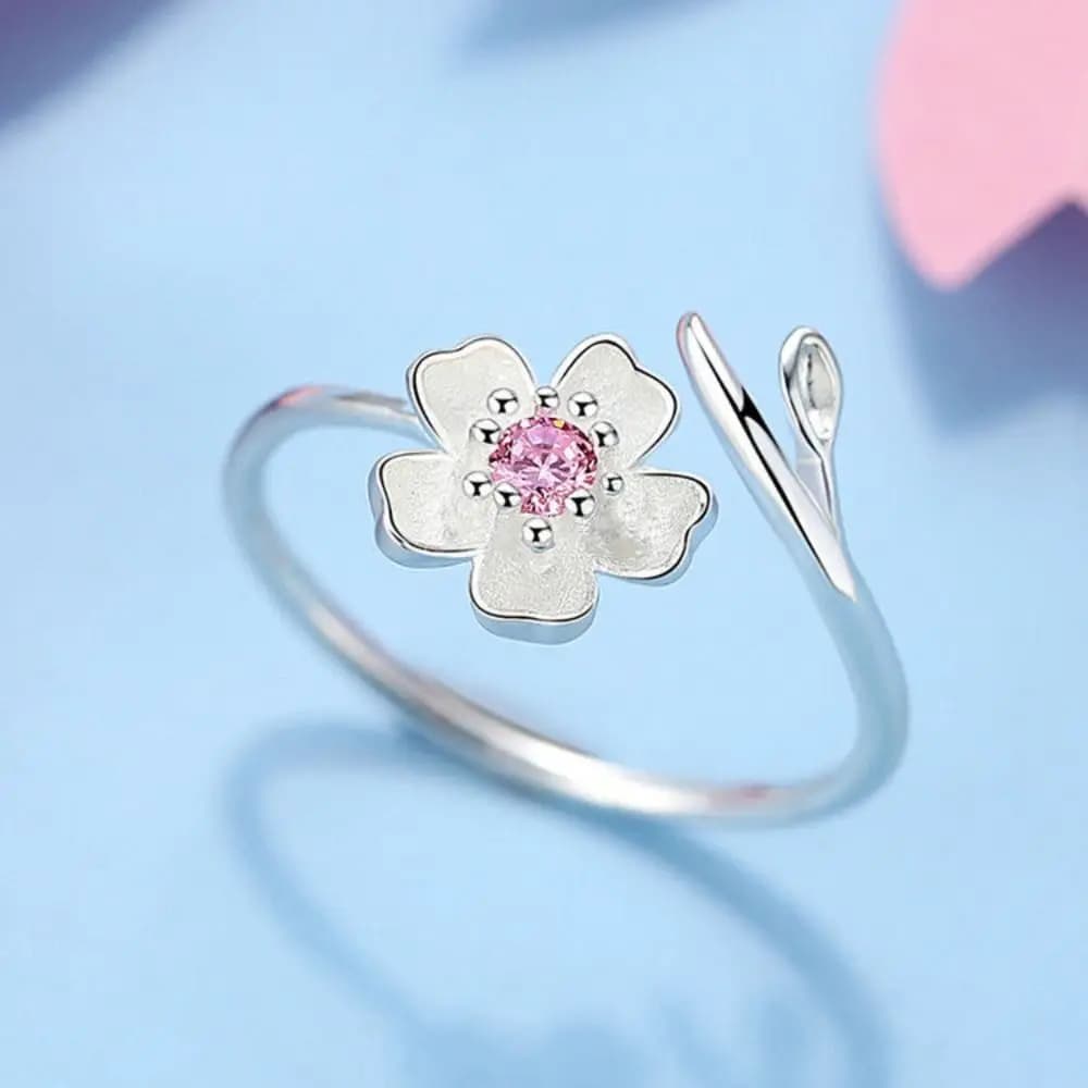 Anello Aperto di Lusso con Strass Rosa Regolabile, Anello per Coppia Elegante con Motivo a Fiori di Ciliegio