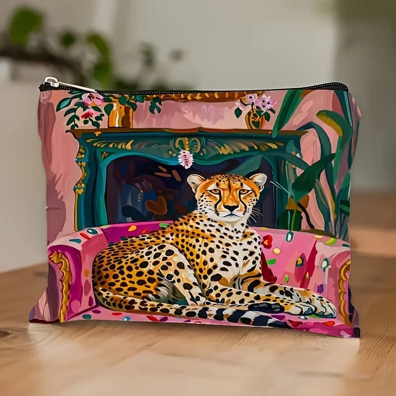 Una borsa per il trucco con stampa leopardata vibrante: custodia multifunzionale con cerniera da donna, borsa per riporre gioielli