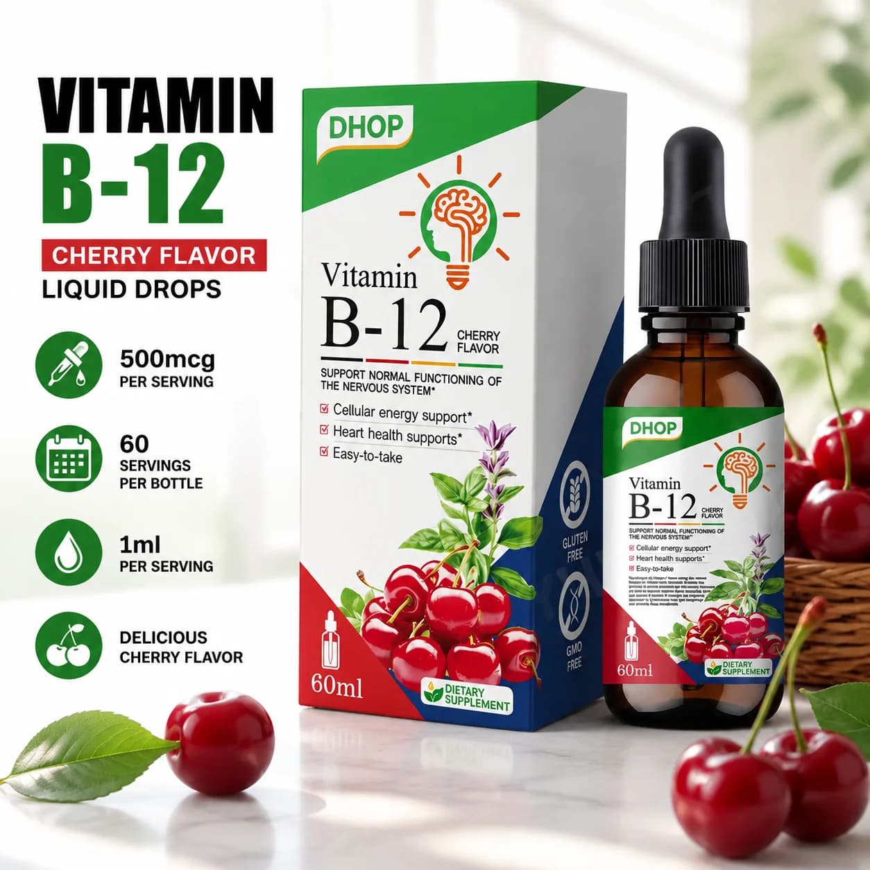 Vitamin B-12 Liquid Drops Daily Wellness Supplement Methylcobalamin Cherry Flavor Easy to Take Gluten Free Non GMO 60 ml
