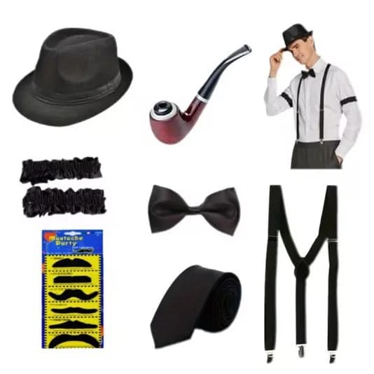 1920s Mens Gatsby Gangster Costume Old Man Fancy Dress Grandpa Cosplay Accessories Set Hat Pipe Pocket Watch Strap Tie Set