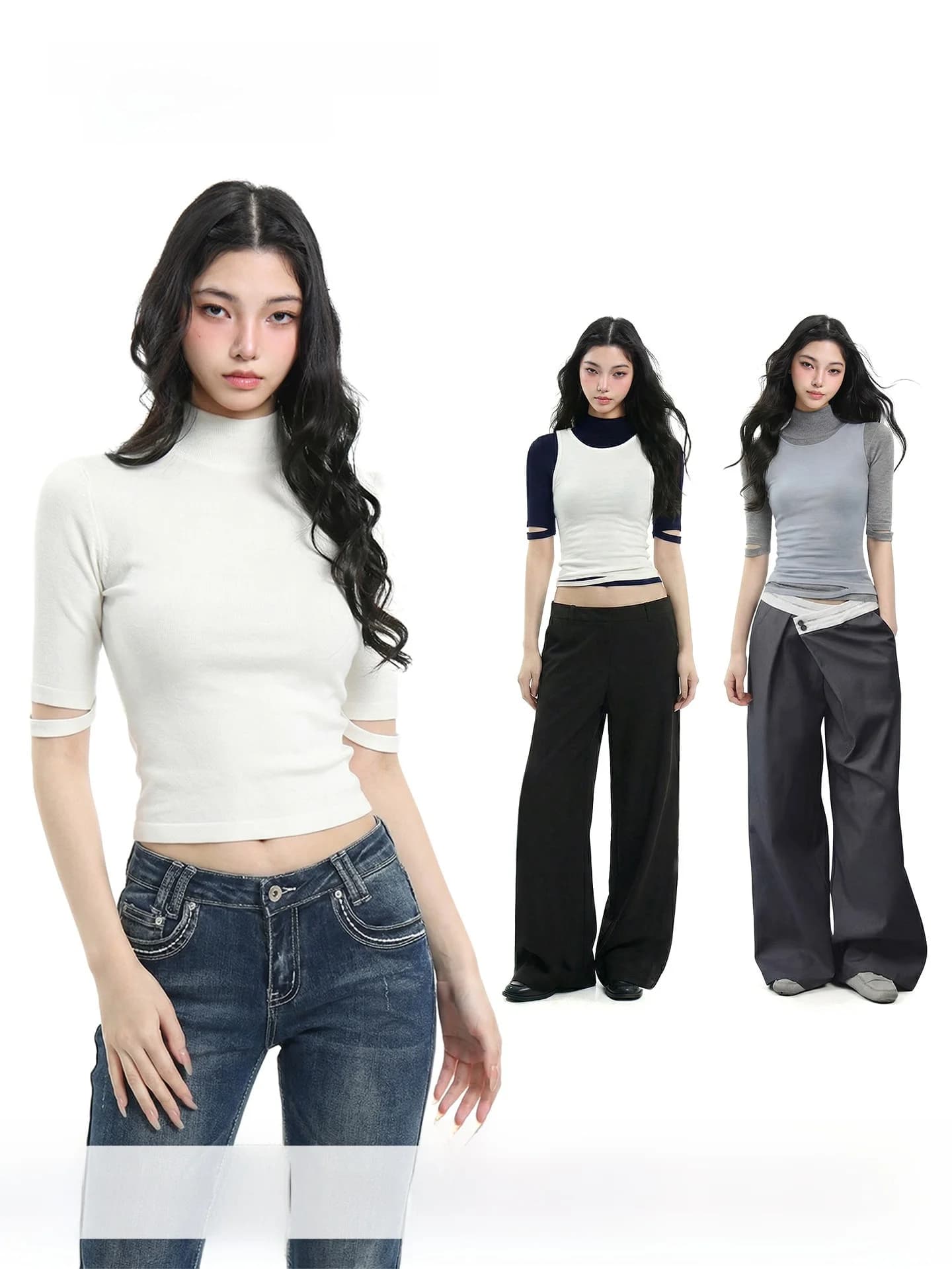 Slim Fit mid Sleeve T-Shirt Women's Waist Cinching Half Sleeve Half High Collar Top UNCMHISEX American Style Fake Two-Piece