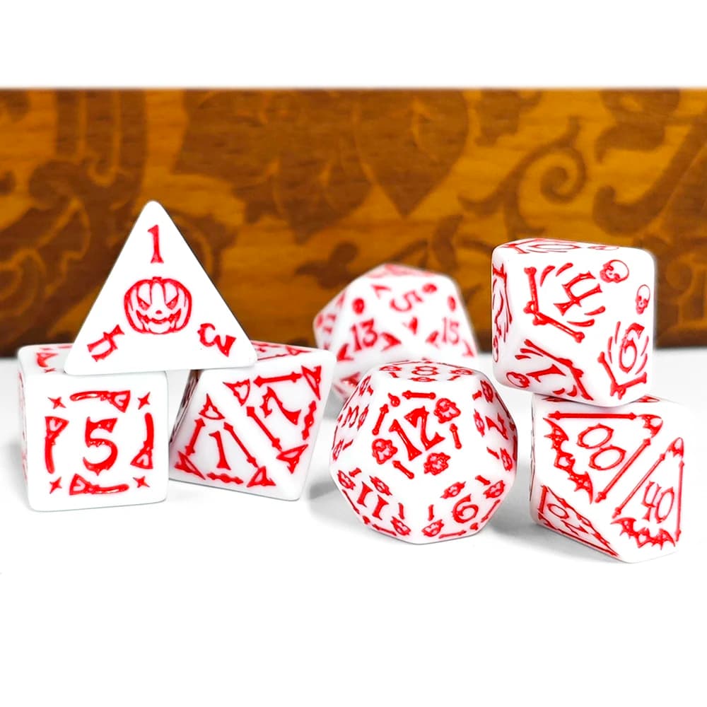 White Base Red Halloween Pumpkin Skull Dice Set,7Pcs Polyhedral Acrylic DND Dice for Dungeons & Dragons,COC TRPG Halloween Table