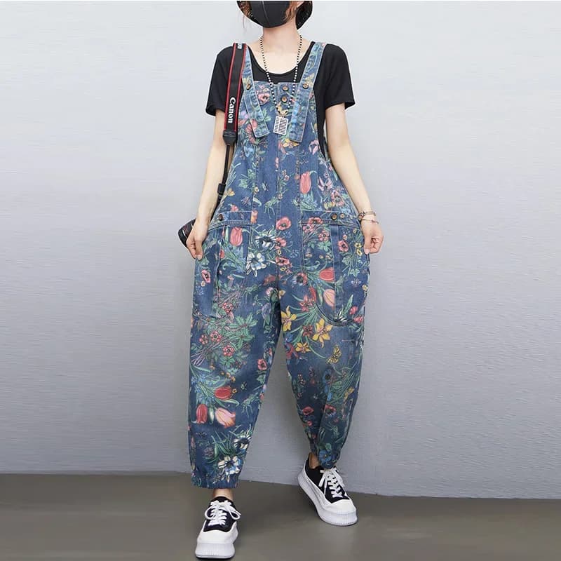 Casual Streetwear Floral Print Denim suit Women wide leg wide pockets large pockets jeans straps