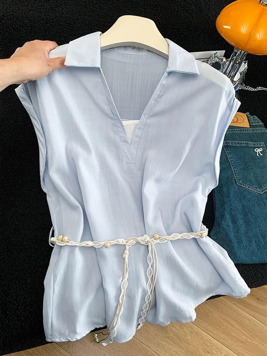 Camicia blu a maniche corte da donna, nuovo stile estivo coreano chic, top snellente con cintura in vita, finto due pezzi, camicetta con colletto a risvolto