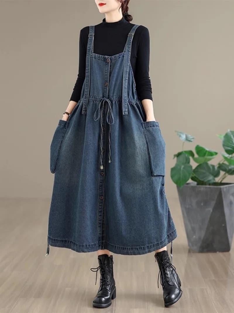 Women's Trendy High Waist Denim Salopette Large Size Women's Dress Trendy Autumn Sleeveless Big Pocket Dress with Vintage jeans strap w976