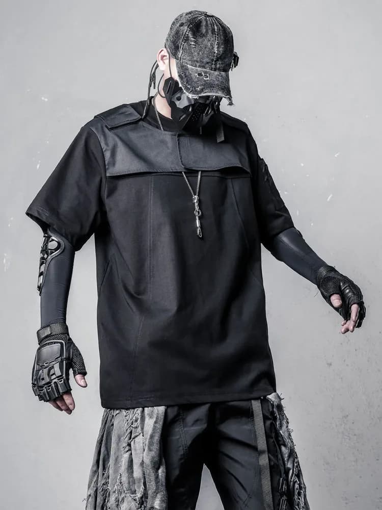 T-shirt a maniche corte stile streetwear punk scuro Techwear T-shirt estiva da uomo a mezza manica con cuciture di design d'avanguardia