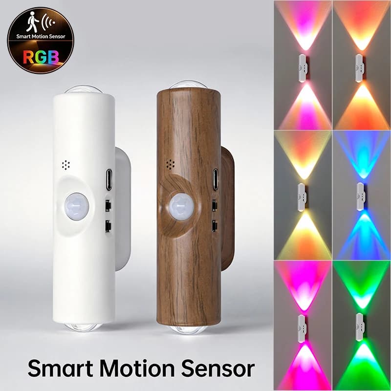 Luce Notturna LED RGB a Doppia Testa con Sensore di Movimento, Lampada da Parete Magnetica Ricaricabile per Armadio, Corridoio, Scale, Illuminazione d'Atmosfera