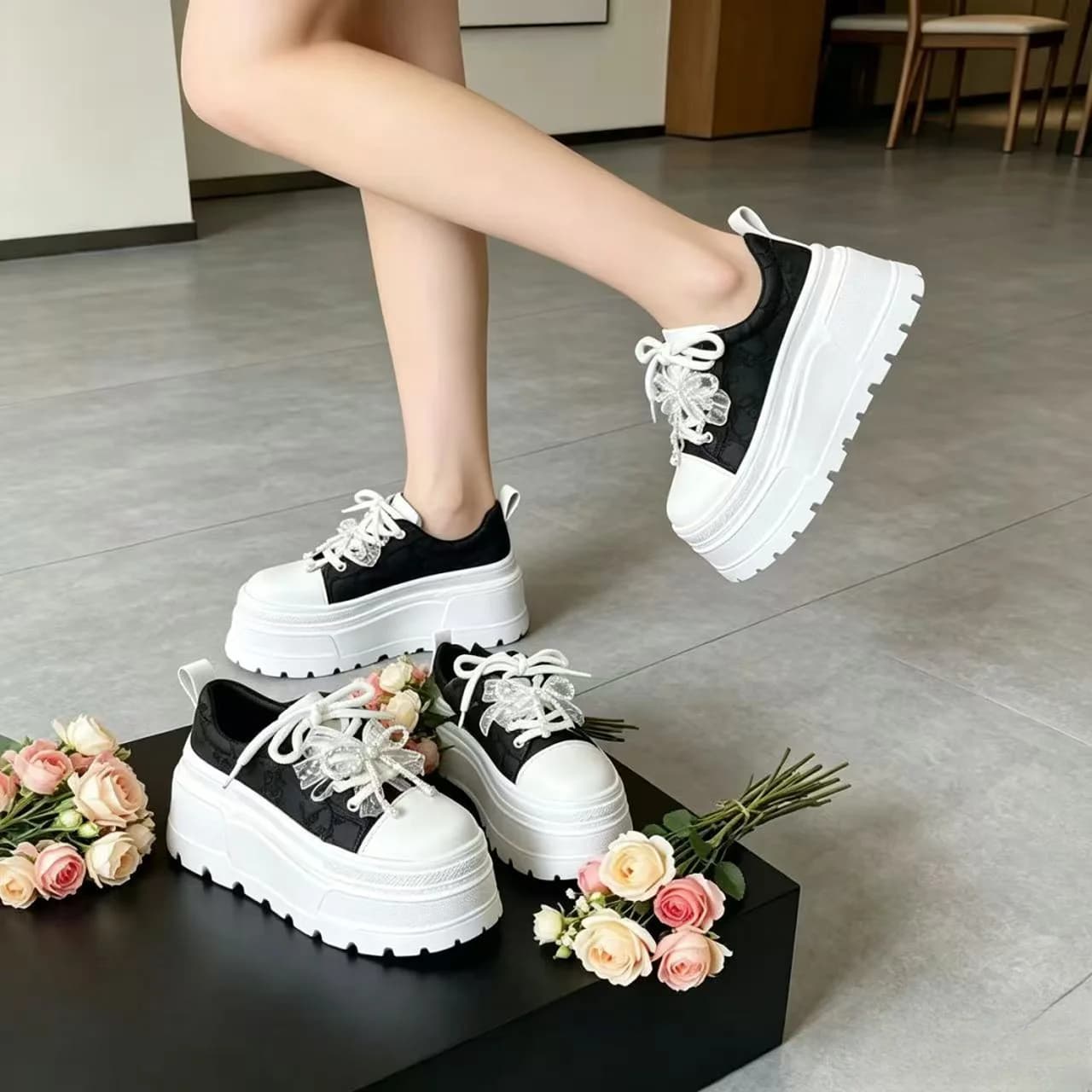 Women's Thick-Heeled Classic White Sneakers Spring/Autumn New Style Single Shoes Match Skirts Versatile Casual Board Shoes