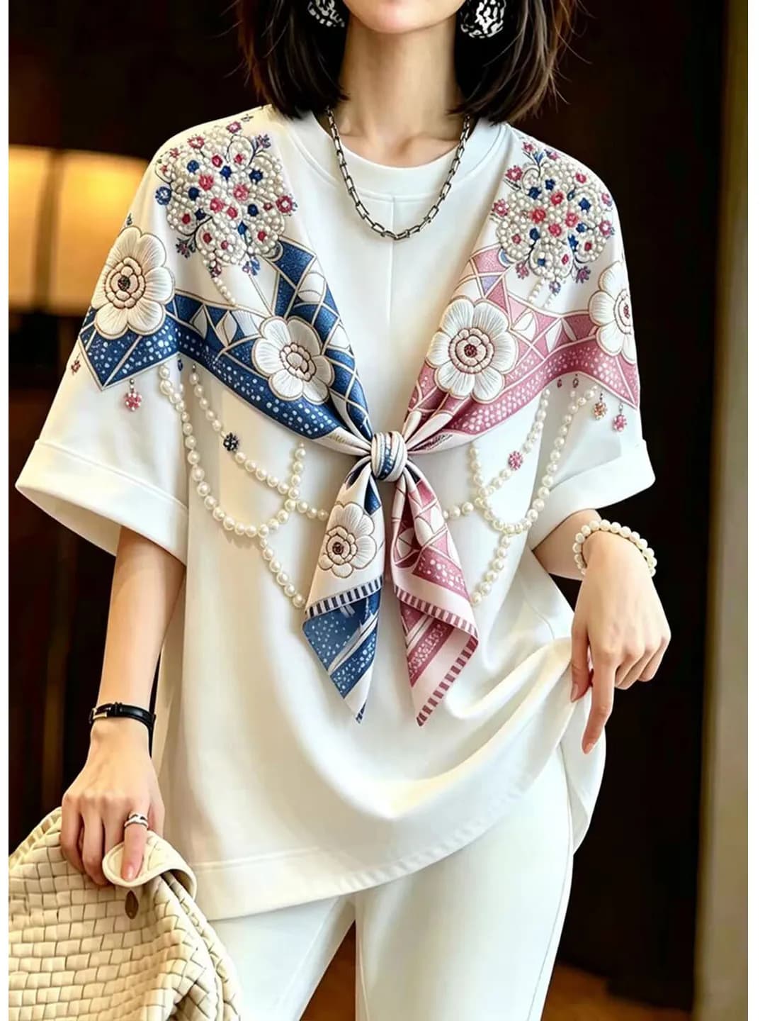 Beautify Pearl Decorated Short Sleeve T-Shirt Women's Fashionable Korean Style Printed Casual Top Summer Anti-Stain