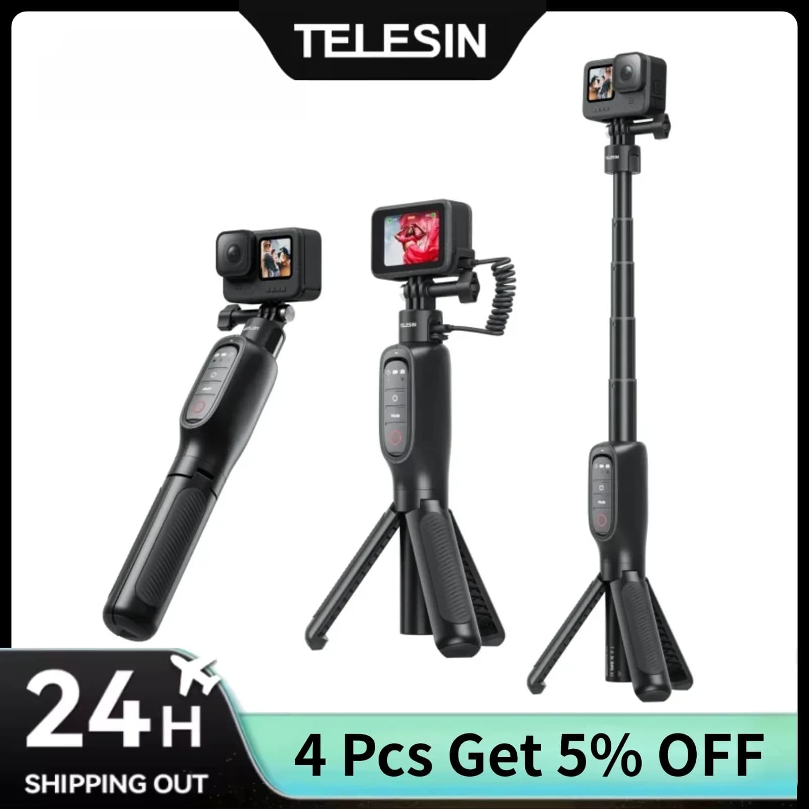 Treppiede per selfie stick ricaricabile TELESIN Shorty con telecomando per monopiede con batteria ad alta capacità Gopro Hero 13/12/11/10/9