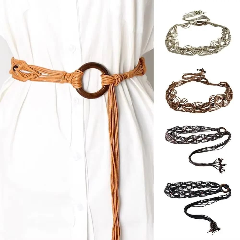 Wax Rope Female Waist Rope Woven Knot Wood Bead Decors Dress Waistband Exquisite with Tassels Ethnic Style Waist Chain Holiday