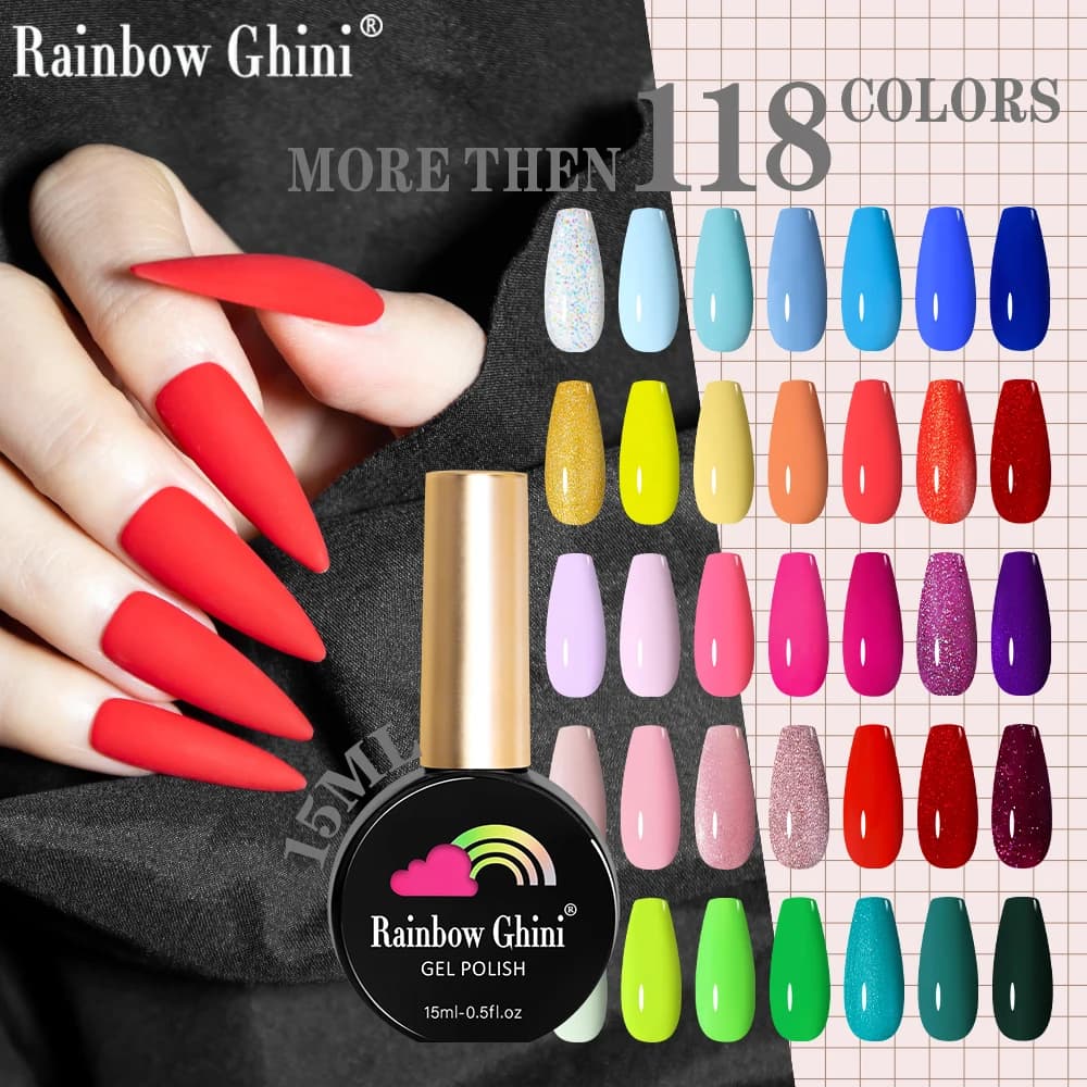 Rainbow Ghini 118 colori 15ml smalto gel al neon solido paillettes a lunga durata forniture per nail art semipermanenti per professionisti