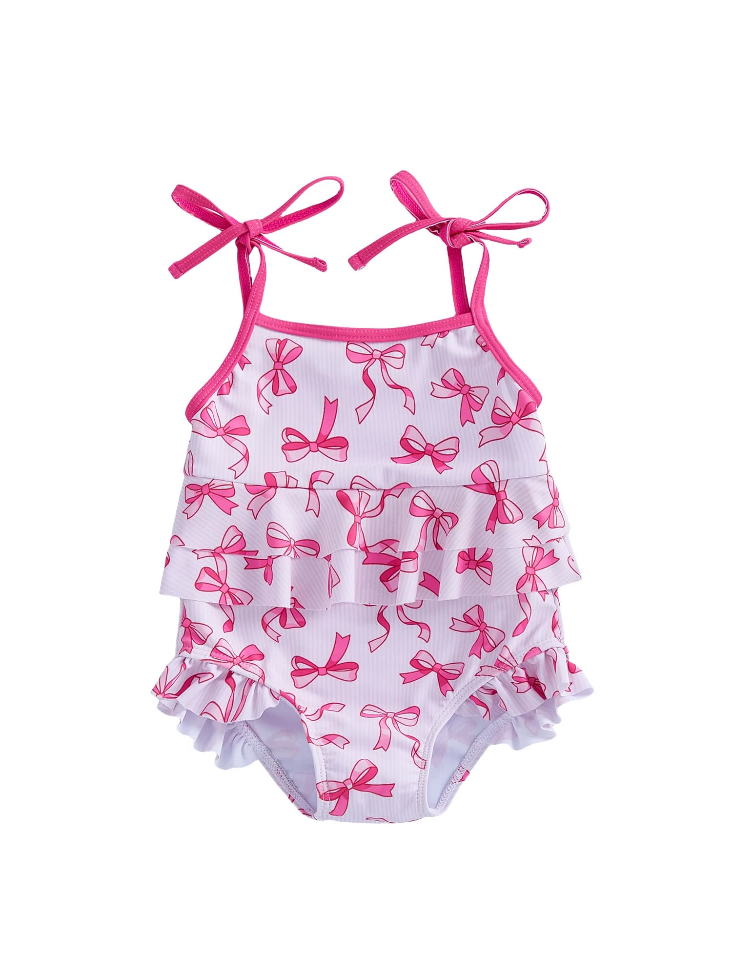 Simpatico costume da bagno con stampa floreale con finiture arricciate e dettagli con fiocco per bambine - Abbigliamento da spiaggia per bambina senza maniche con