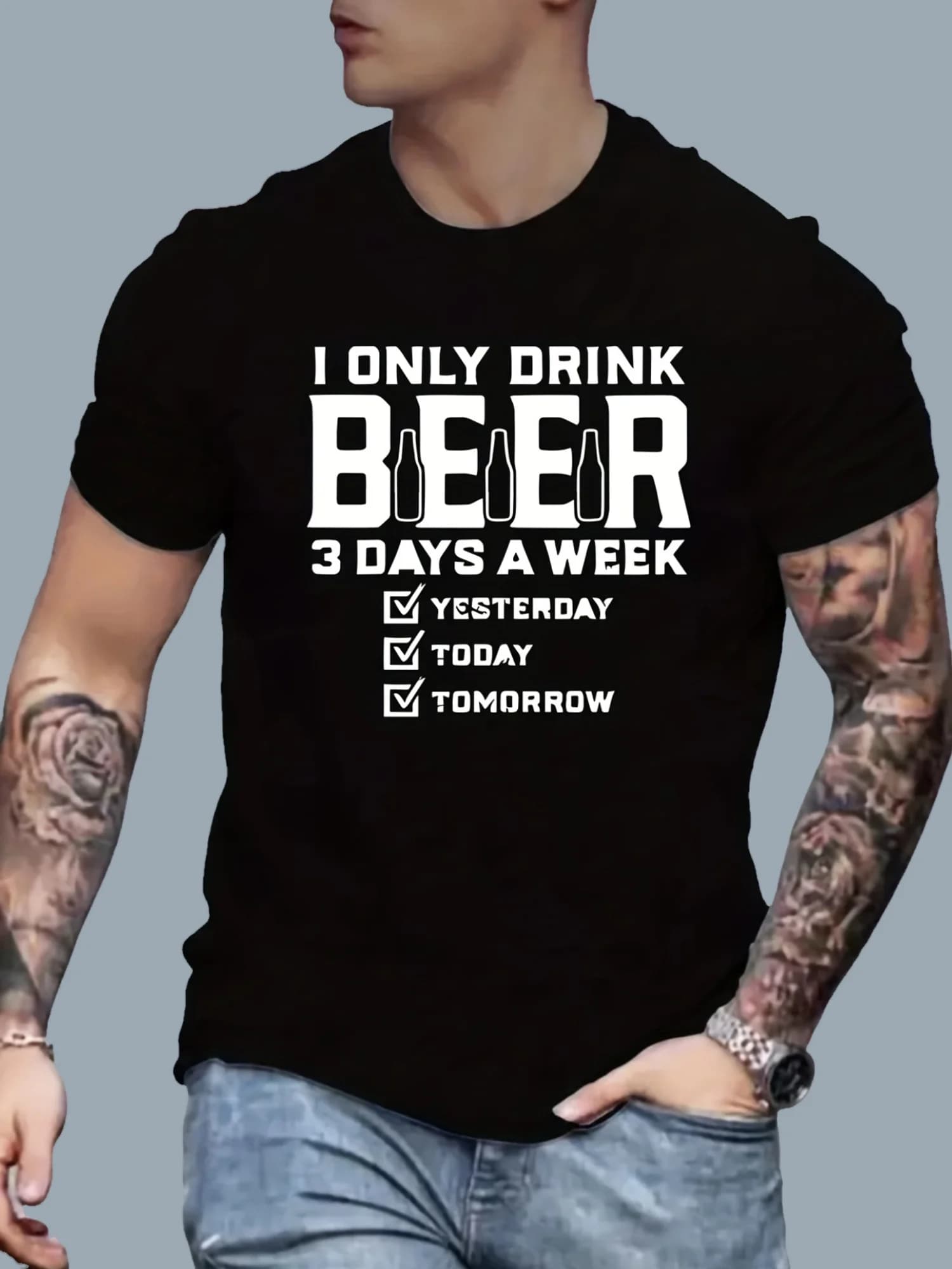 T-shirt casual da uomo con grafica birra - Manica corta, stile estivo, nera con stampa di lettere bianche, misto poliestere leggero