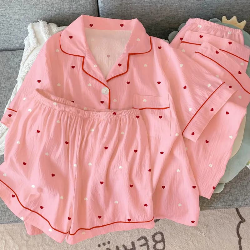 Nuovo Pigiama Estivo da Donna: Set 3 Pezzi a Maniche Corte Stile Teenager, Abbigliamento Casual Comodo, Tessuto Stropicciato per l'Estate