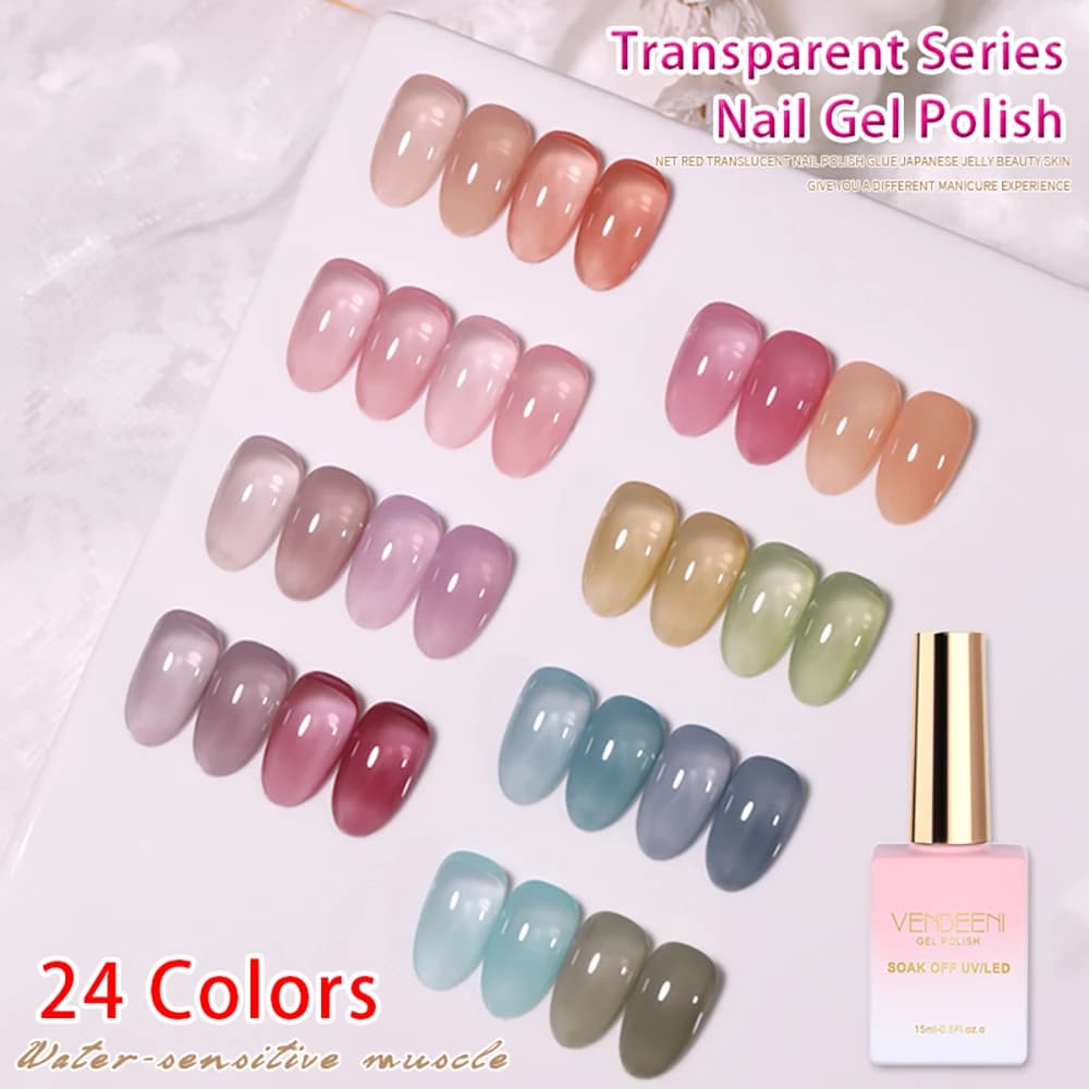 Vendeeni 24 colori gelatina trasparente smalto gel nudo rosa colore della pelle UV Soak Off gel smalto giada nail art gel lacca 15ml