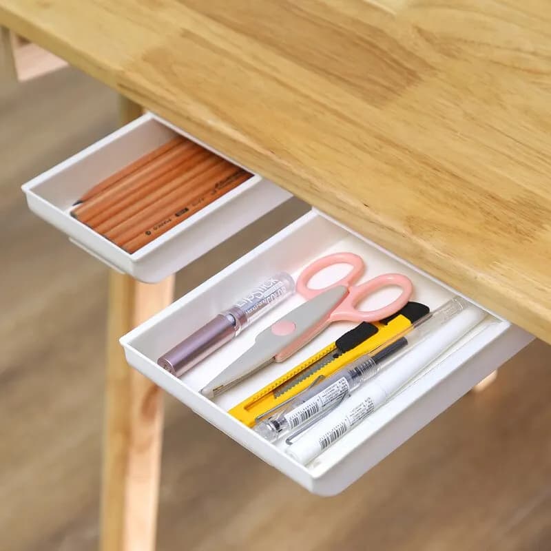 1 pcs Self-adhesive white storage box for tricks and pencils, desk tray hidden under the desk, self-adhesive container under the drawer