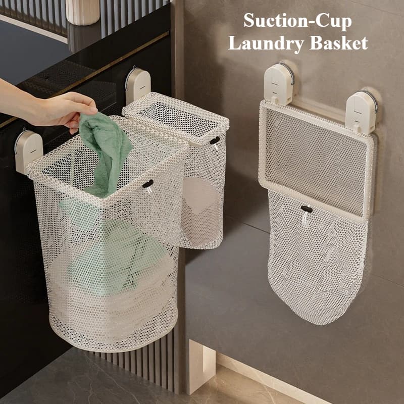 Wall-Mounted Laundry Hamper,Foldable Dirty Clothes Storage Bag,Suction Cup Hanging Basket,No-Drill Space-Saving Organizer