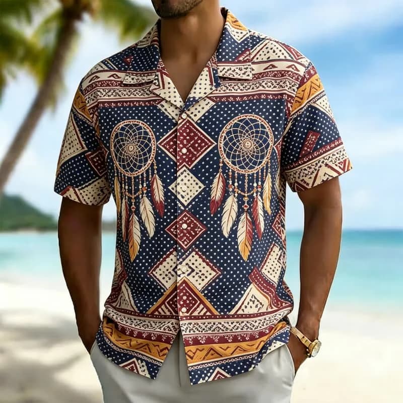 Men's Tribal Geometric Dreamcatcher Print Hawaiian Shirt, for Summer Vacation, Beach Party, Daily Wear & Music Festival