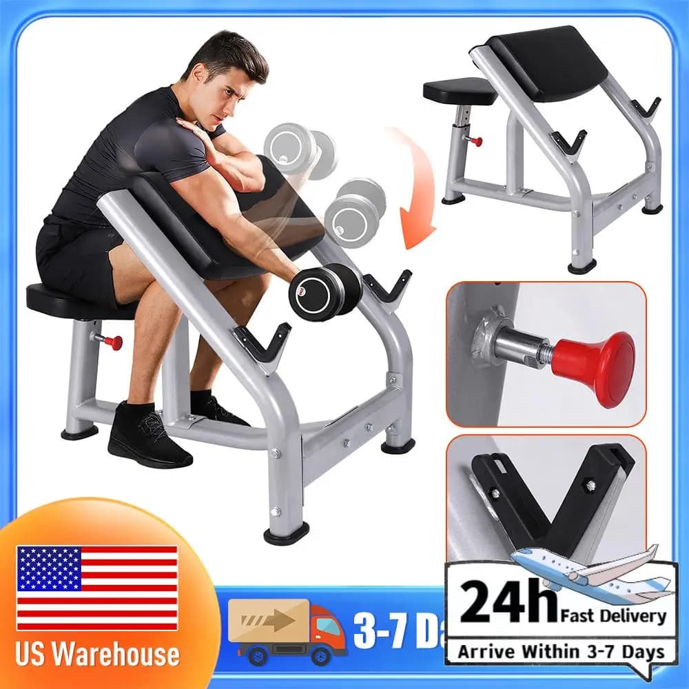 Preacher Curl bench with adjustable seat, biceps station with barbells and handlebars for strength training at home