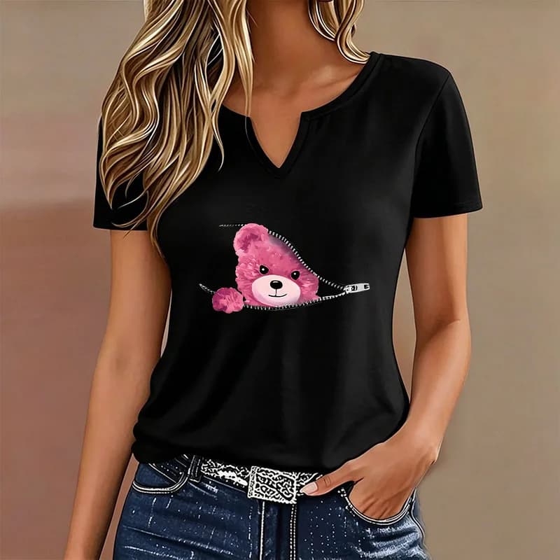 T-shirt divertente casual alla moda Y2K con stampa orsetto cartone animato, scollo a V, manica corta da donna, per estate e primavera