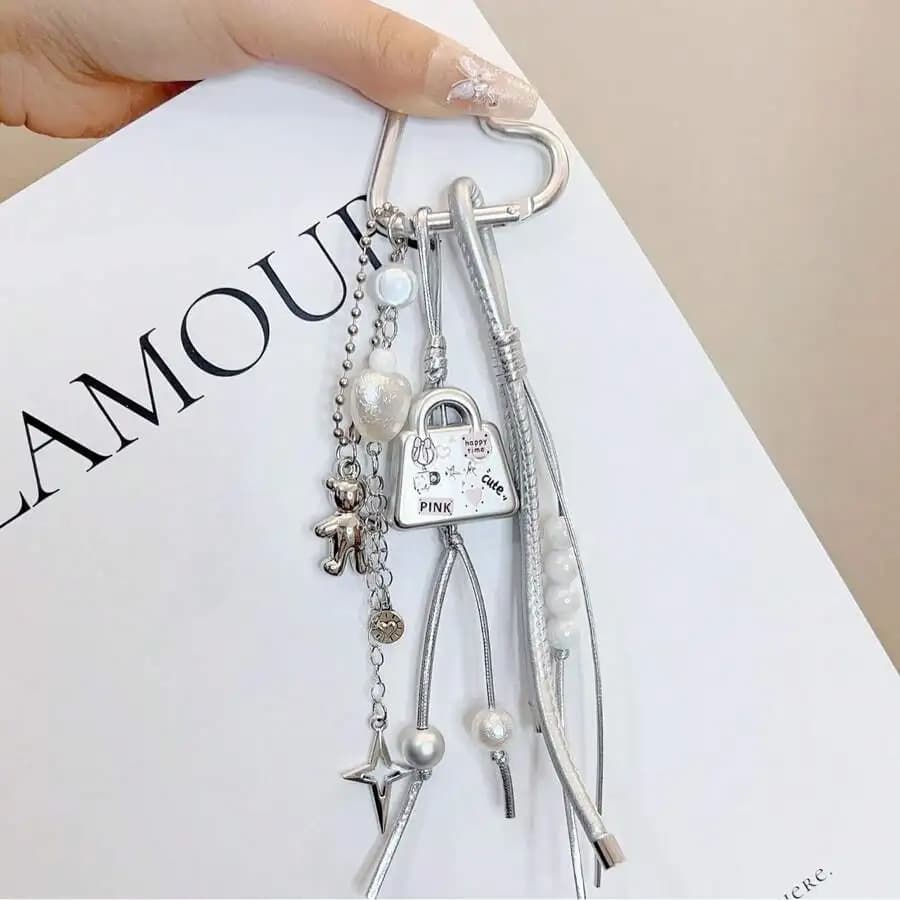Bag Shaped Pendant Keychain With Pearl Star Teddy Bear Leather String Accessory For Adults