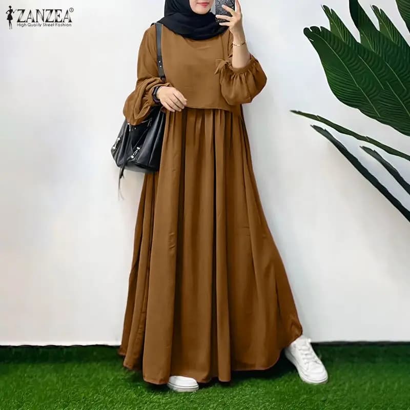 Abiti Lunghi a Strati con Dettagli Hijab per Donne Musulmane, Collo Tondo, Maniche Lunghe, Tinta Unita, Abaya Larga ZANZEA, Abbigliamento Islamico per il Ramadan