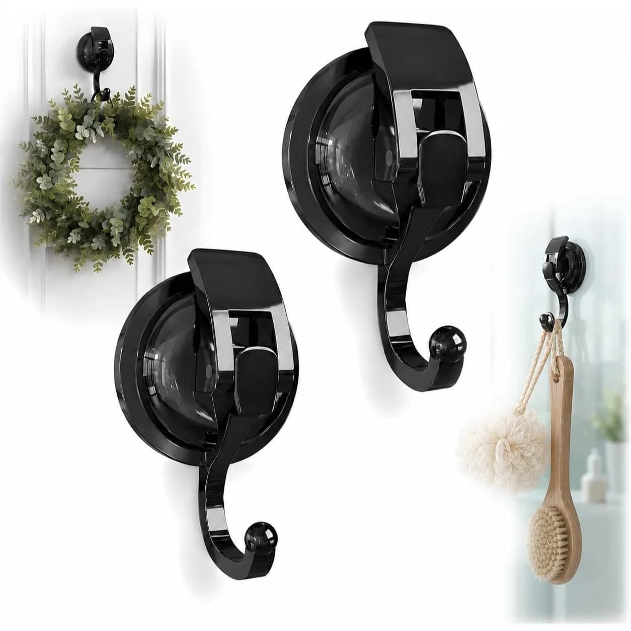 Heavy Duty Suction Cup Hooks, Matte Black for Kitchen Bathroom, 2 Pack
