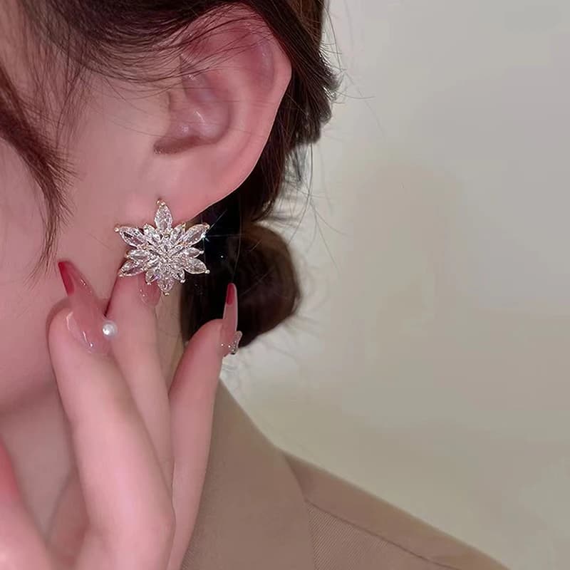 Orecchini di Lusso a Forma di Fiocco di Neve in Cristallo, Eleganti Orecchini a Fiore con Zirconi Brillanti per Donne, Gioielli Raffinati per Matrimoni e Feste