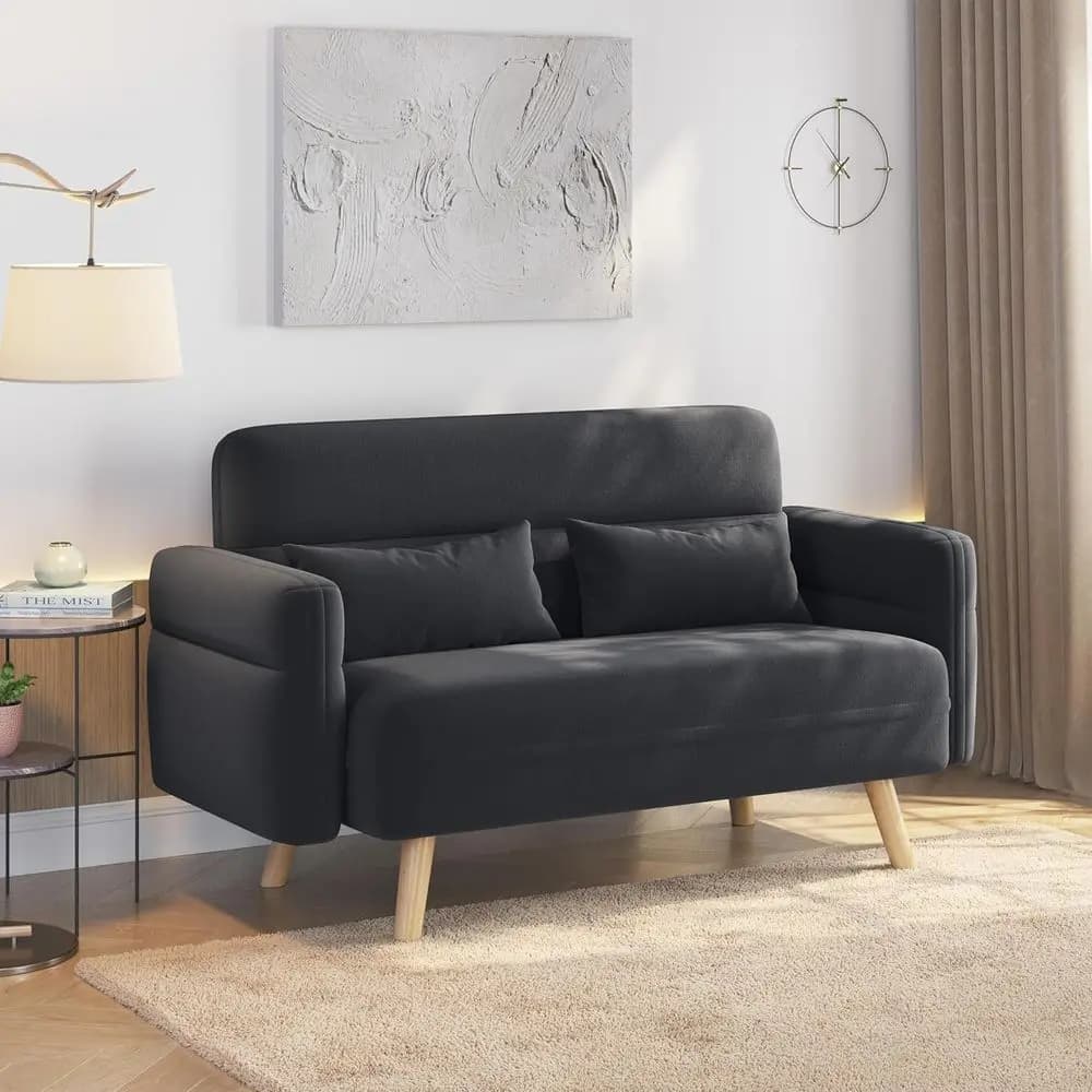 46" Small ern abric Soa Loveseat Century 2 Seater Soa Couch with Lumbar Pillows, Solid Wood Legs or Living Room, Small Space, Do