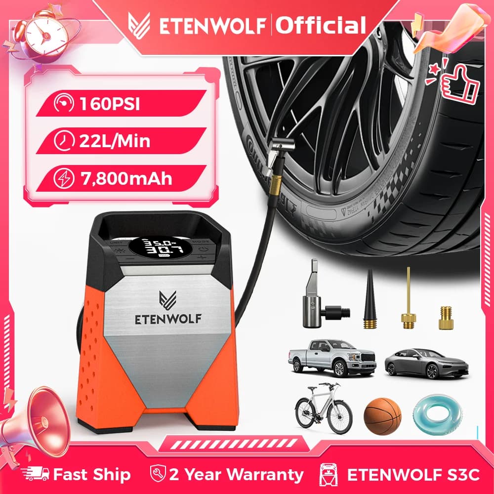 Nuovo ETENWOLF S3C Pompa di Gonfiaggio per Pneumatici Portatile 7800mAh 160 PSI Compressore per Auto Powerbank Elettrico Senza Fili Pompa di Aria Strumenti HA CONDOTTO LA Luce