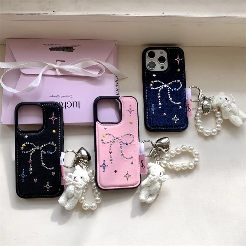 Custodia per telefono coreana in denim con fiocco di diamanti carino per iPhone 16 Pro 14 13 15 Pro Max Cover con custodie portachiavi Plus Rabbit 16 Promax Capa