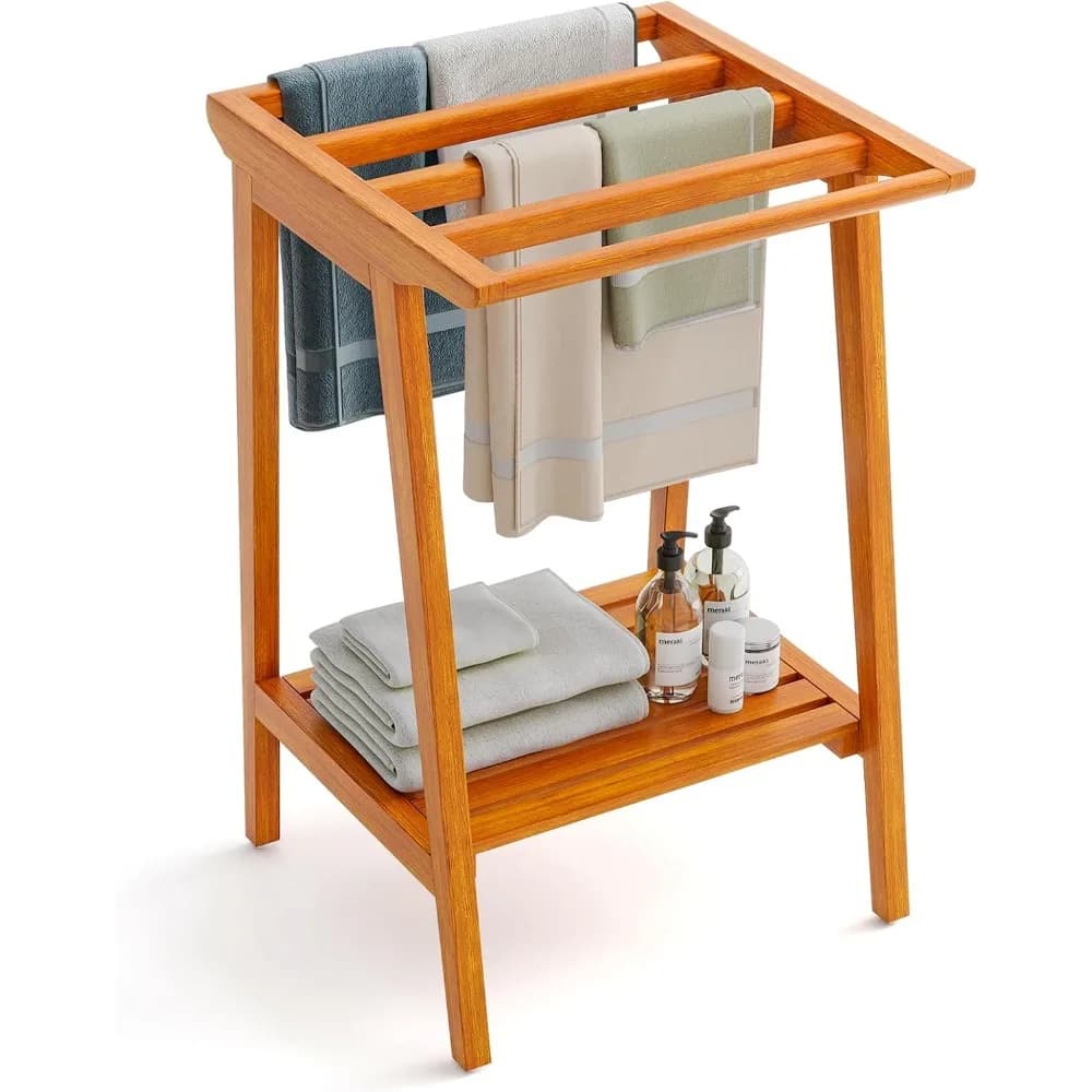 Portasciugamani da bagno indipendente in teak con 5 barre e ripiano portaoggetti per doccia e abbigliamento