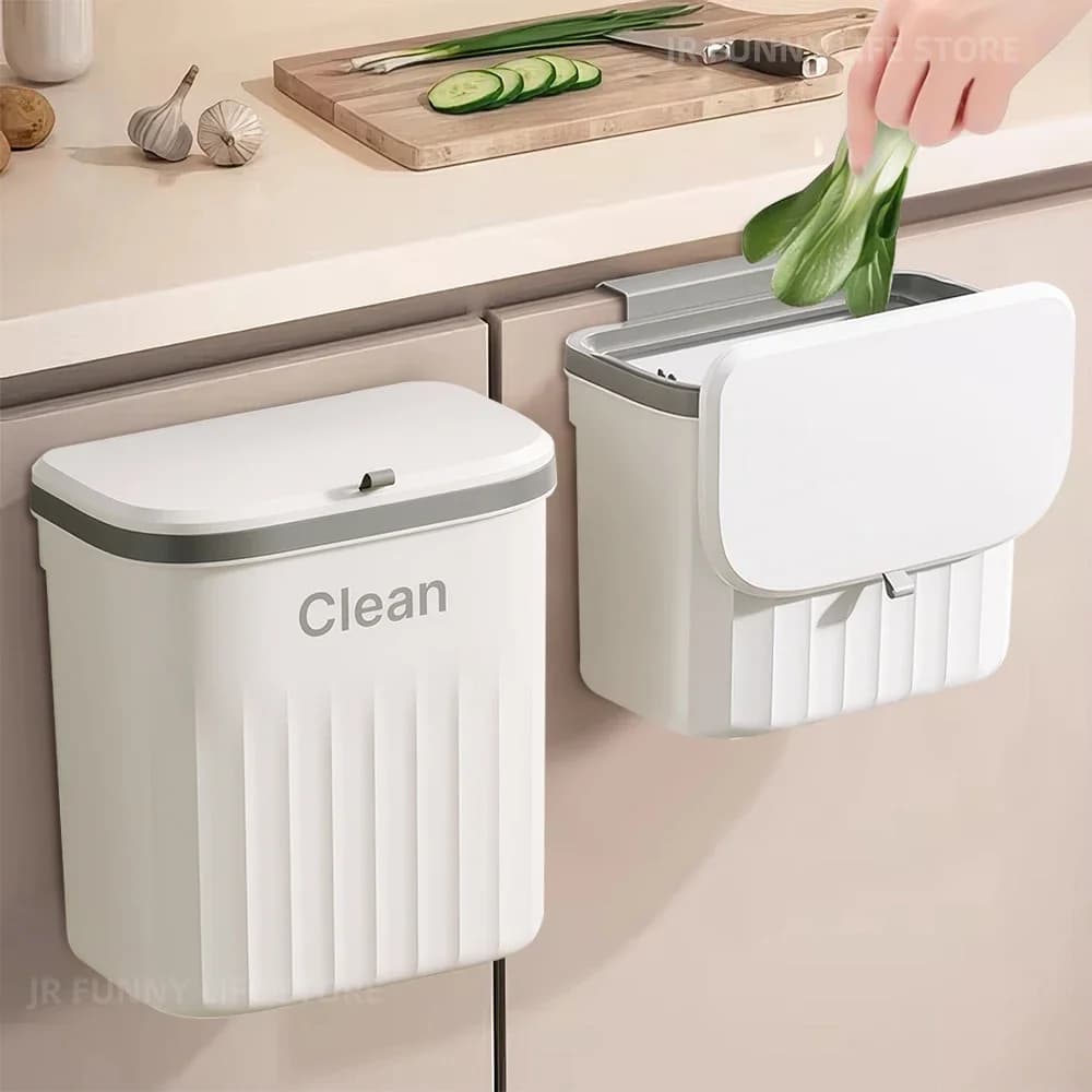 Space-Saving Hanging Waste Bin, 8.5L Capacity with Lid, Wall/Cabinet Mount Trash Can for Kitchen & Bathroom