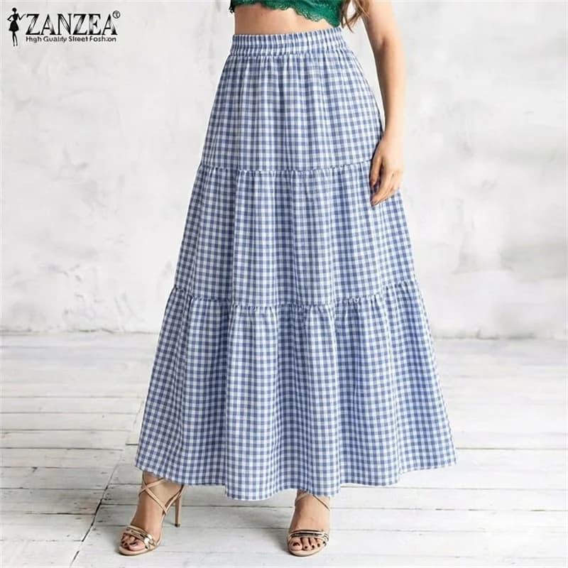 ZANZEA Gonne Lunghe a Quadri Primavera Estate da Donna, Gonne Eleganti a Linea A per Vacanze, Faldas Saia Casual con Vita Elastica, Gonna Larga da Lavoro 2026