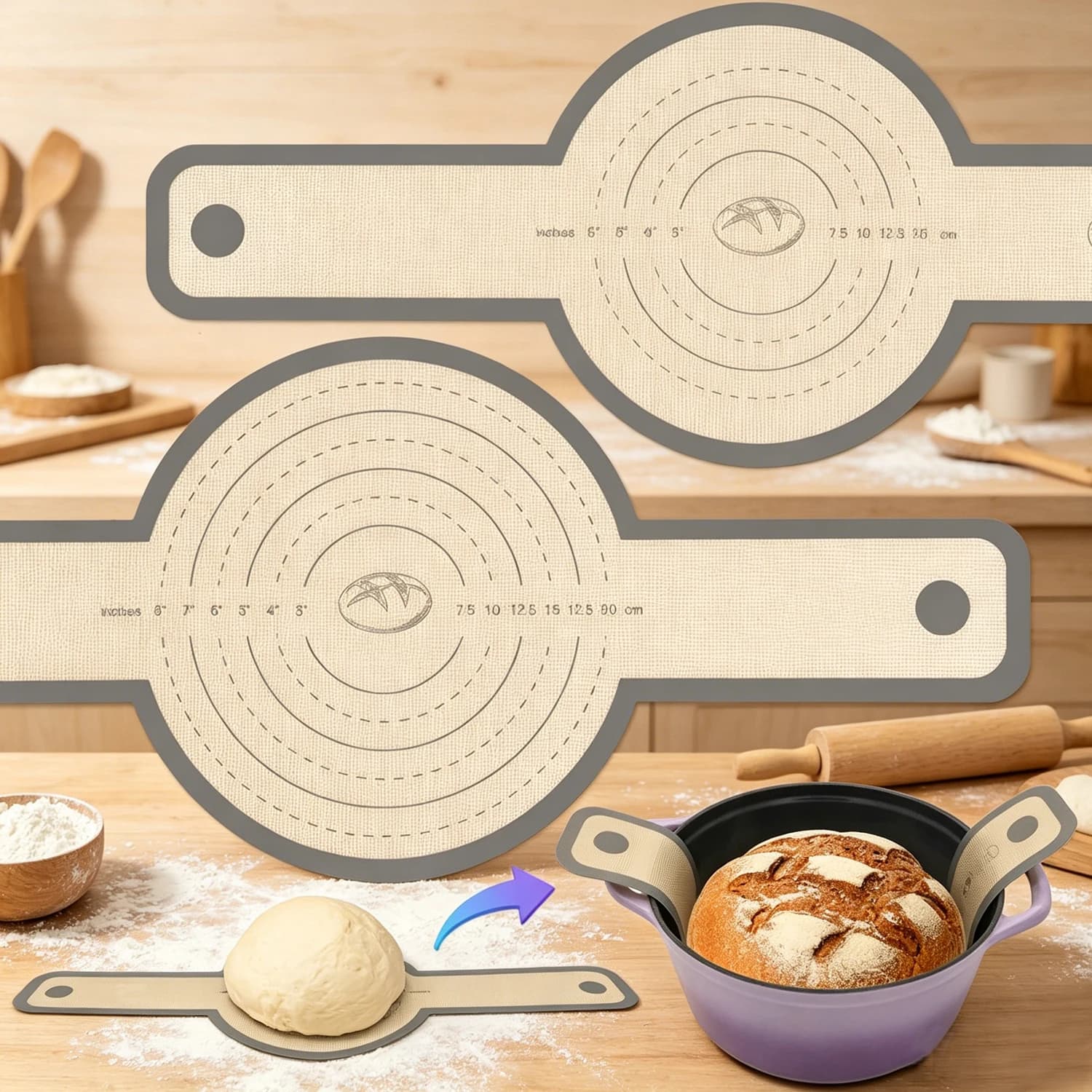Tappetino in Silicone per Pane in Forno Olandese, Antiaderente e Inodore con Manici Lunghi, Rivestimento Riutilizzabile per Trasferimento di Pane a Lievitazione Naturale