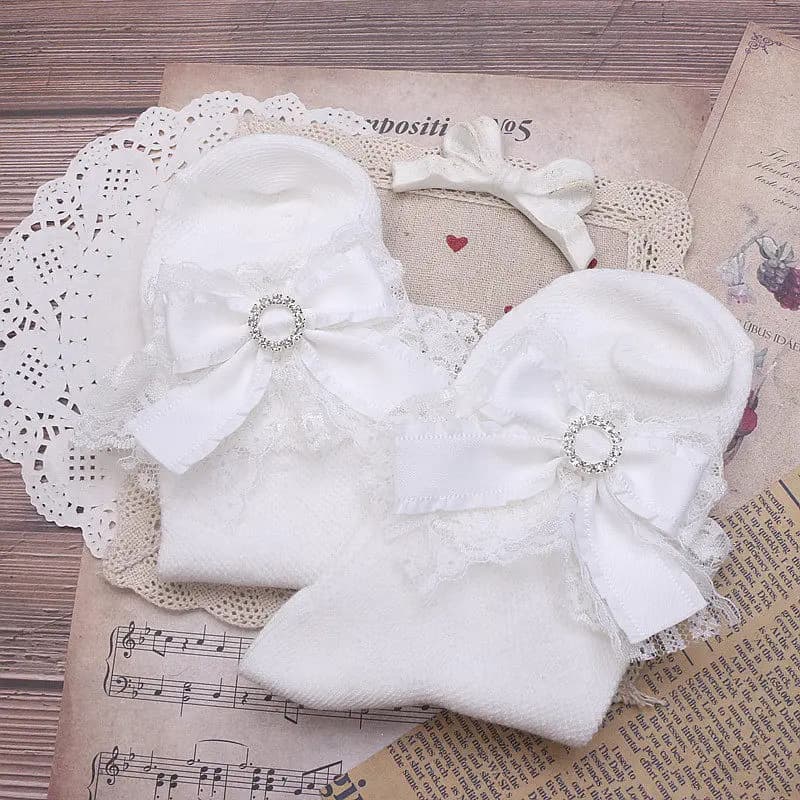 Calzini Corti Lolita Fatti a Mano con Fiocco Decorato con Strass, Calzini in Pizzo Dolci e Carini con Fibbia a Fiocco per Donne Adulte