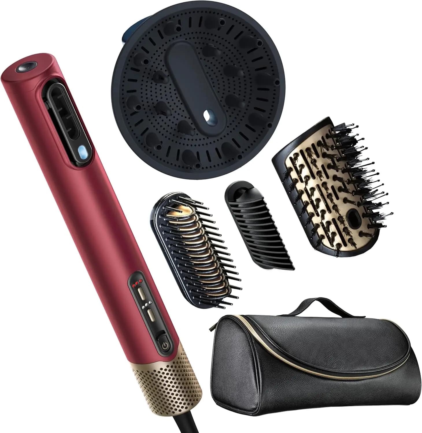 Asciugacapelli 5-in-1, Piastra e Styler con Motore Digitale Ionico e 4 Accessori in Rosso Ciliegia