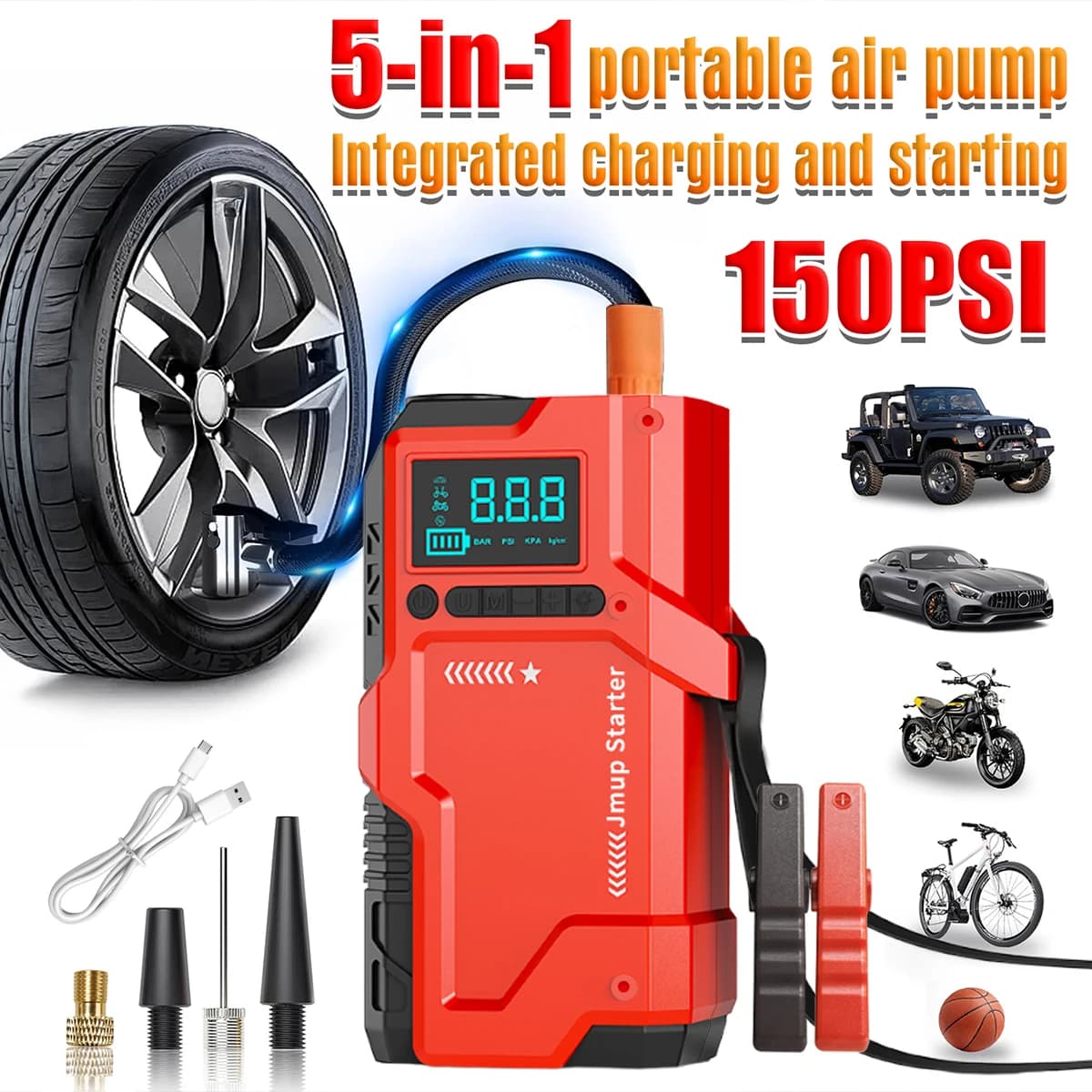 Gonfiatore automatico multifunzionale per pneumatici di auto (con monitoraggio della pressione, avviatore di emergenza e torcia)