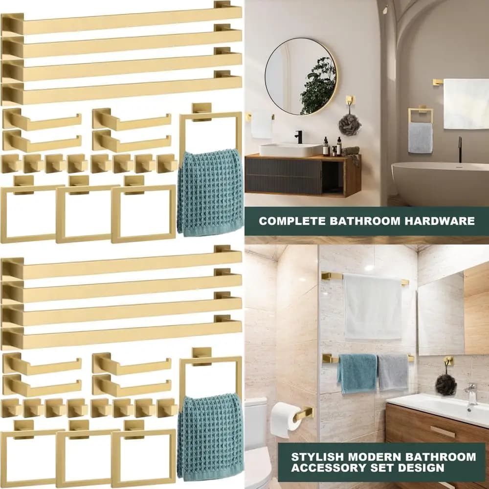 Set di accessori per il bagno in acciaio inossidabile da 23,6 pollici con portasciugamani, ganci e portarotolo in finitura oro spazzolato