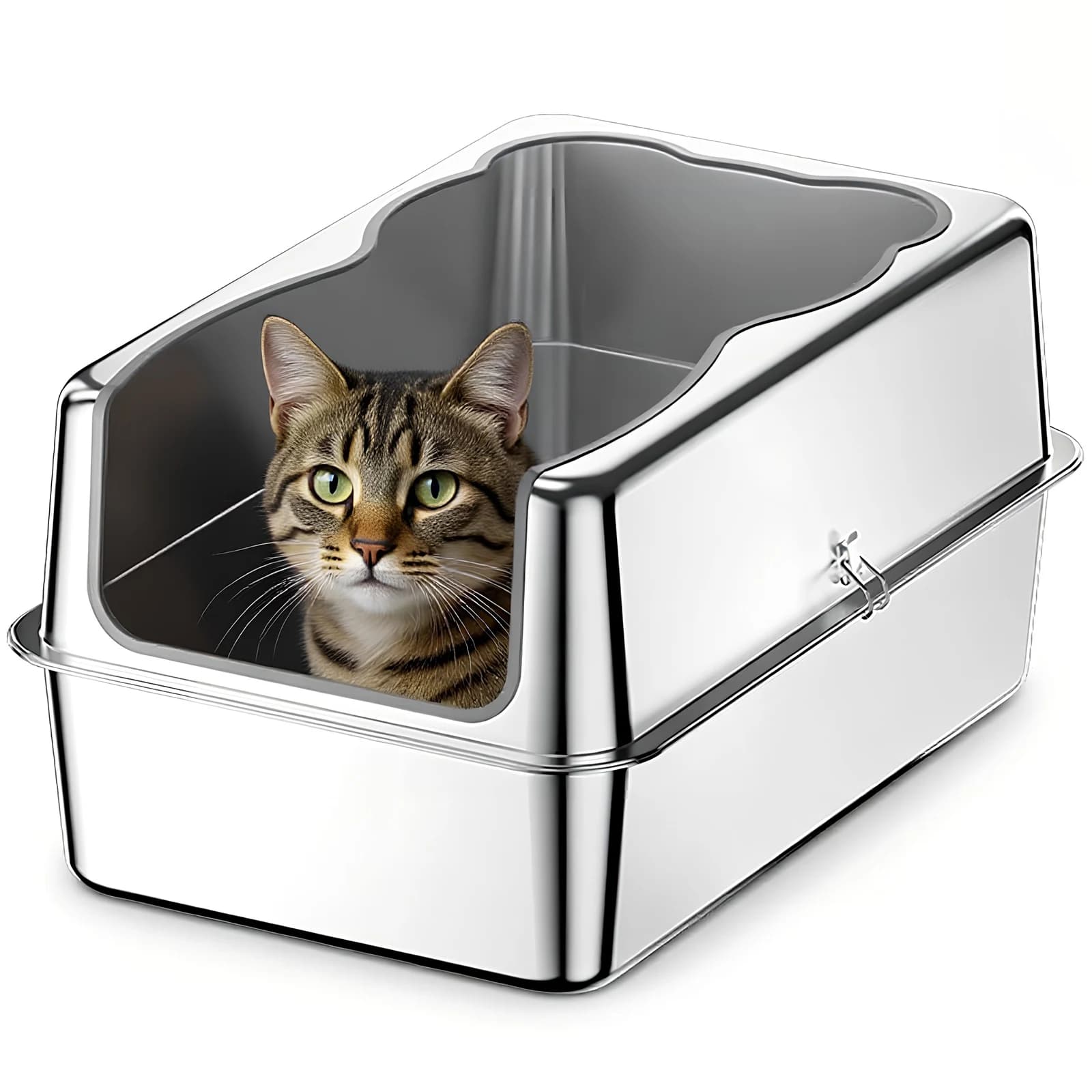 Lettiera per Gatti Extra Large con Coperchio, Vassoio in Metallo con Bordi Alti, Accesso dall'Alto, in Acciaio Inossidabile per Gatti Grandi e Multipli