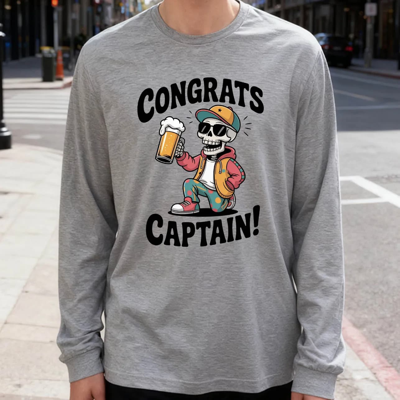 T-shirt a maniche lunghe da uomo Congratulazioni Captain 180g 100% cotone stampato girocollo casual da indossare ogni giorno morbida e traspirante