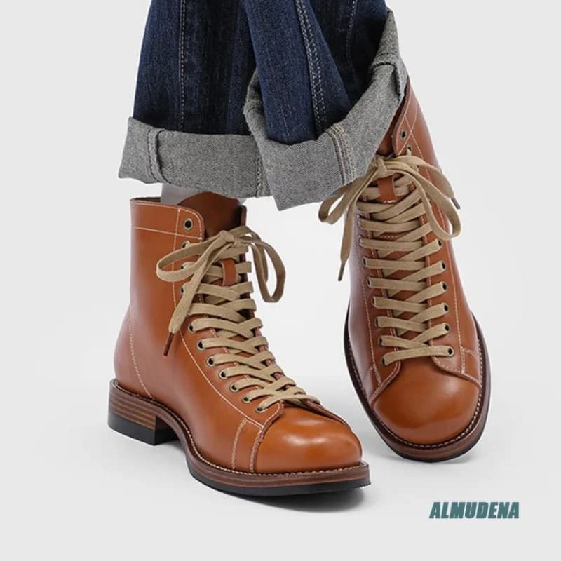Stivaletti da Uomo in Vera Pelle Marrone Stile Boxer, Punta Rotonda, Allacciati, Tacco Basso, Scarpe Casual Urbane Vintage da Escursionismo